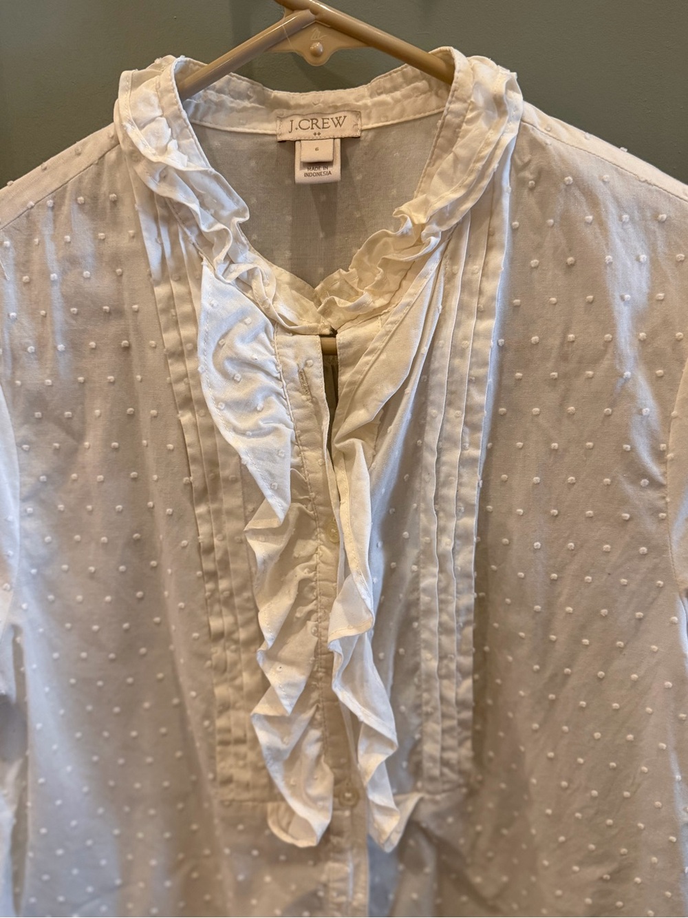 J. Crew White Ruffle Front Dot-Texture Short Sleeve Shirt - Picture 2 of 6